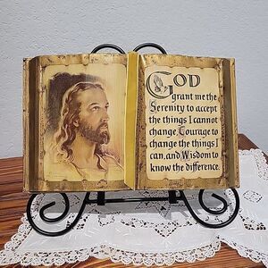 W E Sallman Serenity Prayer Jesus Gold Tone Decoupaged Book Religious Decor Art